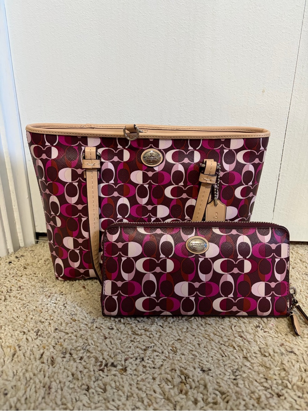 Coach Pink and Burgundy Signature Geo Tote with Wallet